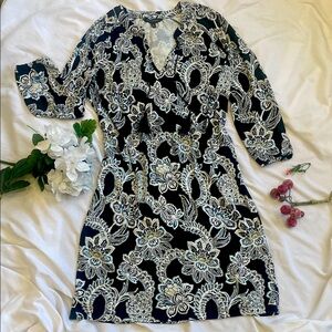 Banana Republic Floral V Neck Dress Tassel Long Sleeve Viscose Stretch Small